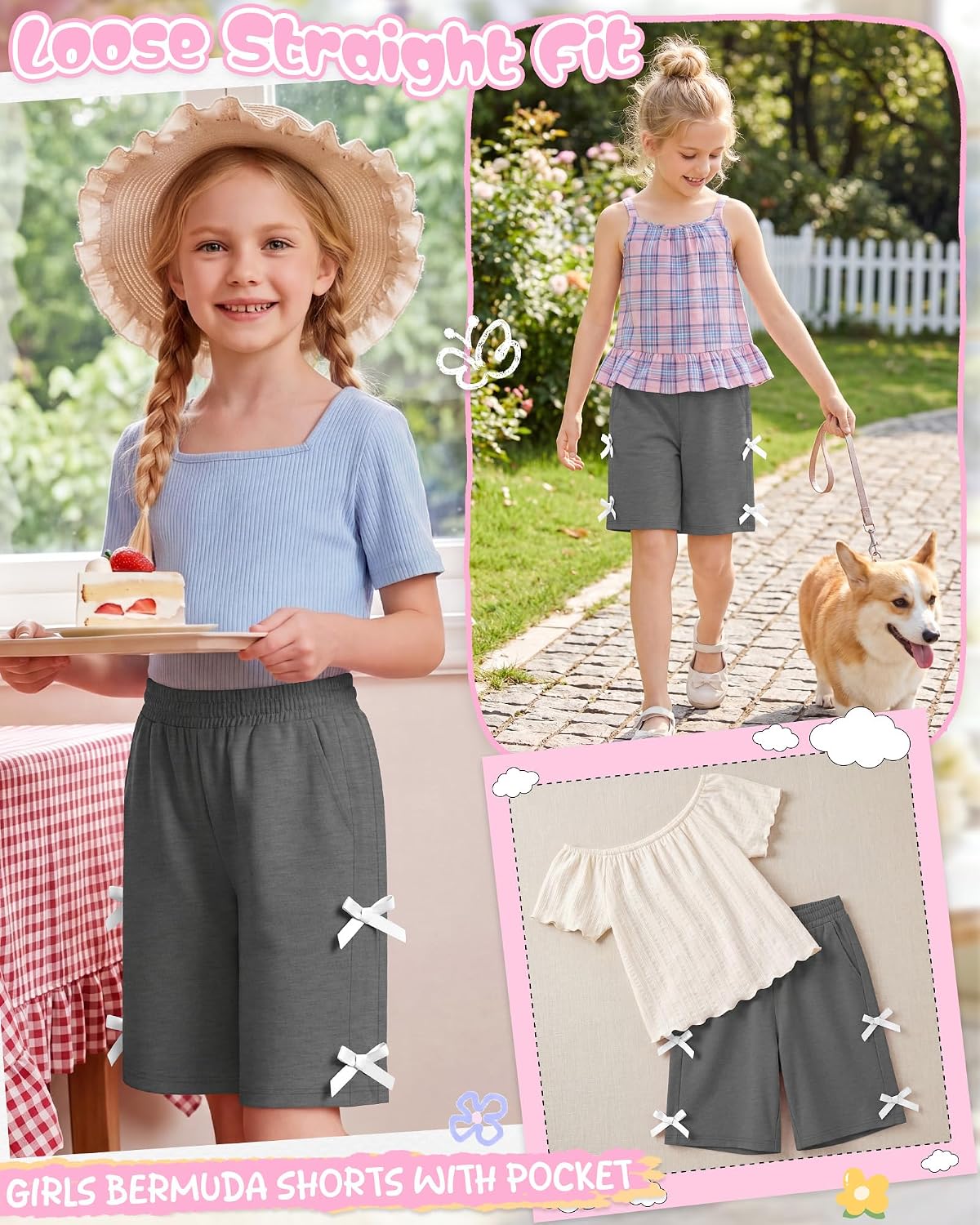 Yooo's Vivi Girls' Bermuda Shorts with Bowknot Girls Teen Summer Baggy Elastic Waist Knee Length Shorts with Pockets 7-16y