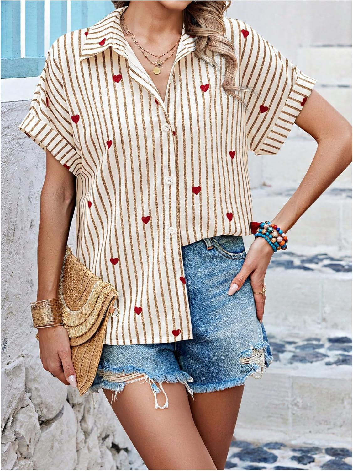 Milumia Women's Striped Heart Print Button Down Shirt Short Sleeve Collared Blouse Tops - Image 3