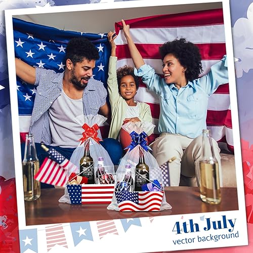 Miniatura 6 de Cholemy El kit de 24 cestas de regalo vacías para el 4 de julio incluye 8 bandejas de papel kraft con bandera estadounidense, 8 bolsas y 8 lazos de
