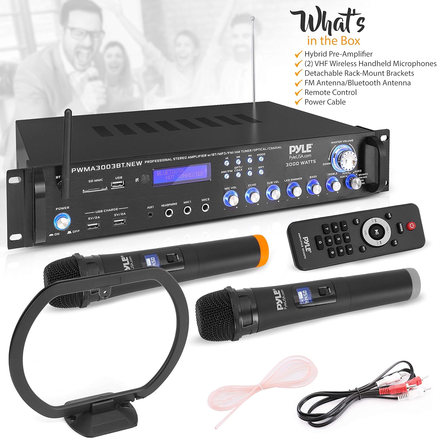 Exсluѕіvе Sресіаl Bluetooth Home Audio Power Amplifier -4 Ch. 3000W, Stereo Receiver w/ Speaker Selector, FM Radio, USB, Headphone, 2 Wireless Mics for Karaoke, Great for Home Entertainment System - Pyle PWMA3003BT.NEW