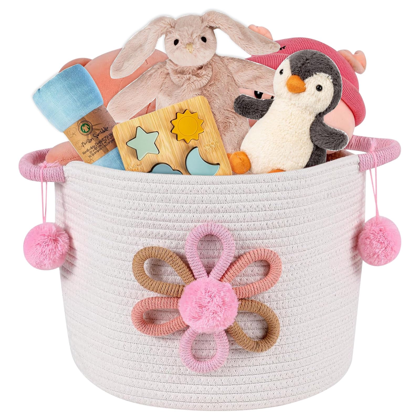 Toy Storage Baskets Woven Cotton Rope Storage Basket with 3D Flower for Kid Multifunctional Blanket Baskets for Living Room Toys Organizer Woven Basket with Handle for Gifts Girls Baby Hamper Nursery
