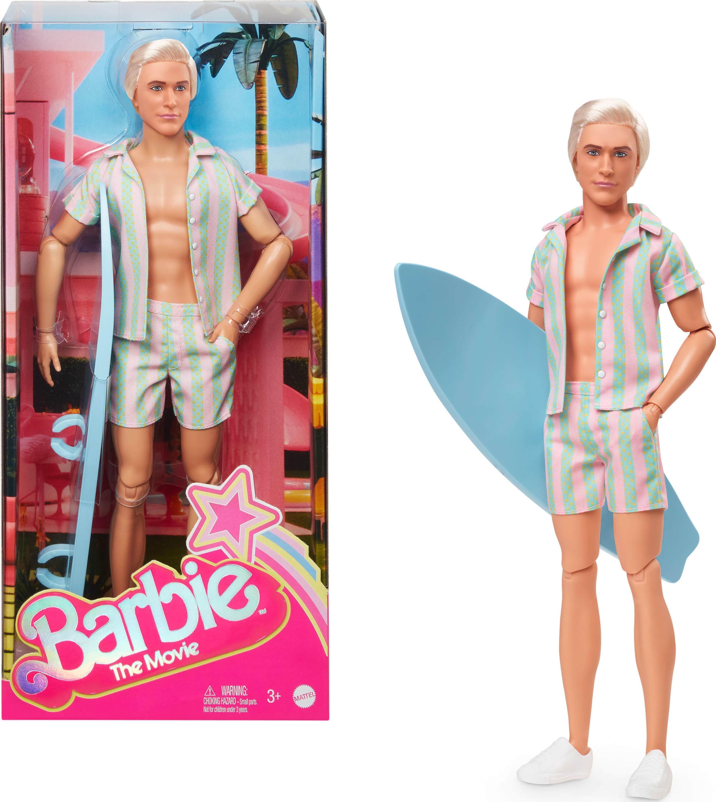 The Movie Ken Doll Wearing Pastel Pink and Green Striped Beach Matching Set with Surfboard and White Sneakers