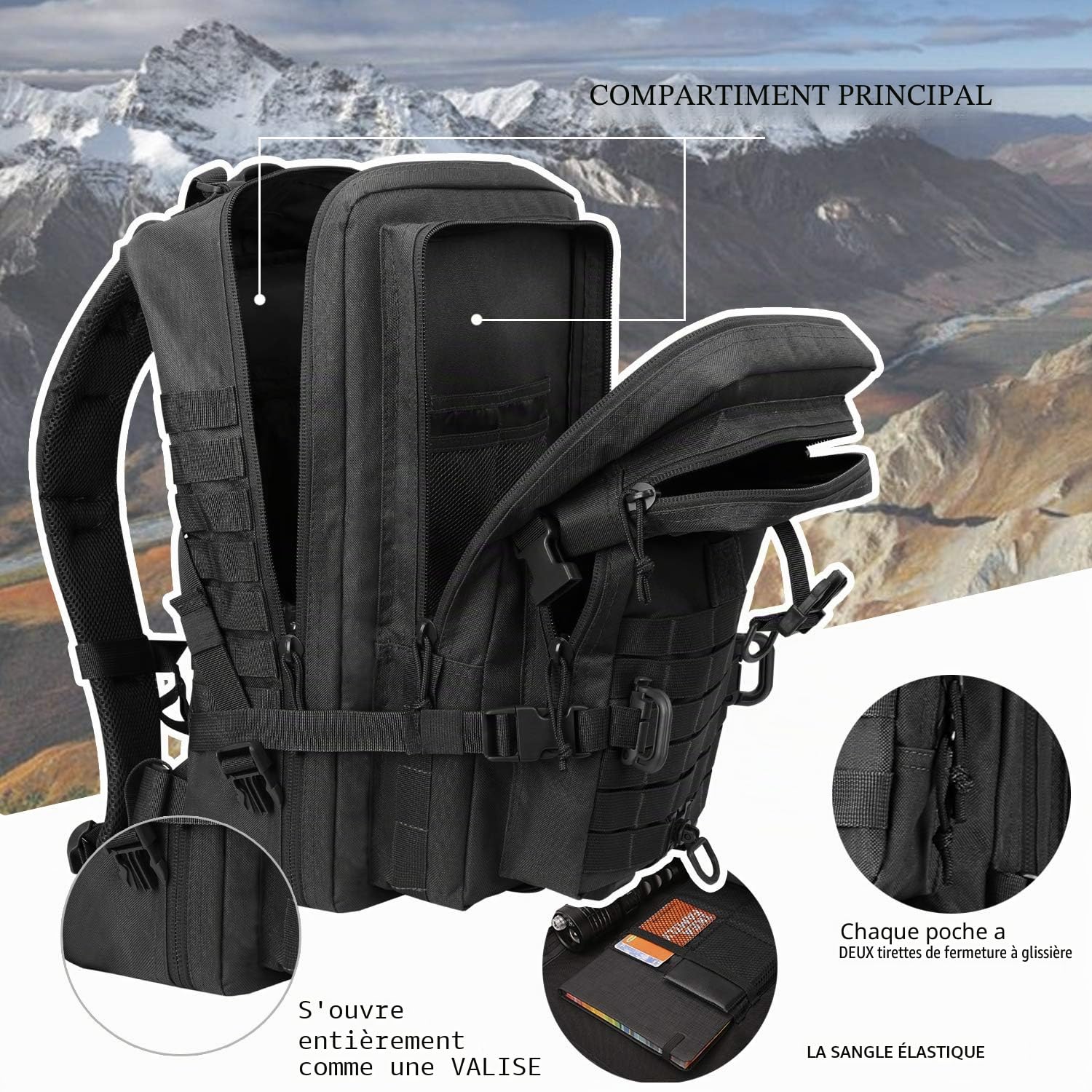 Hannibal Tactical Sac à dos Style Tactique Militaire, 40L Grand Volume Sac à Dos Multifonction, pour Randonnée, Alpinisme, Escaladed, École, Mousqueton D Forme Noir