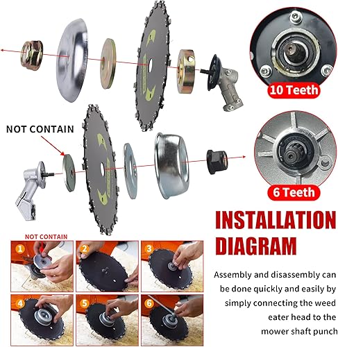 Miniatura 4 de Gashwer Juego de 2 cuchillas de cepillo de dientes de motosierra redonda de acero al carbono de 9 pulgadas x 20T, kit de adaptador universal con 3