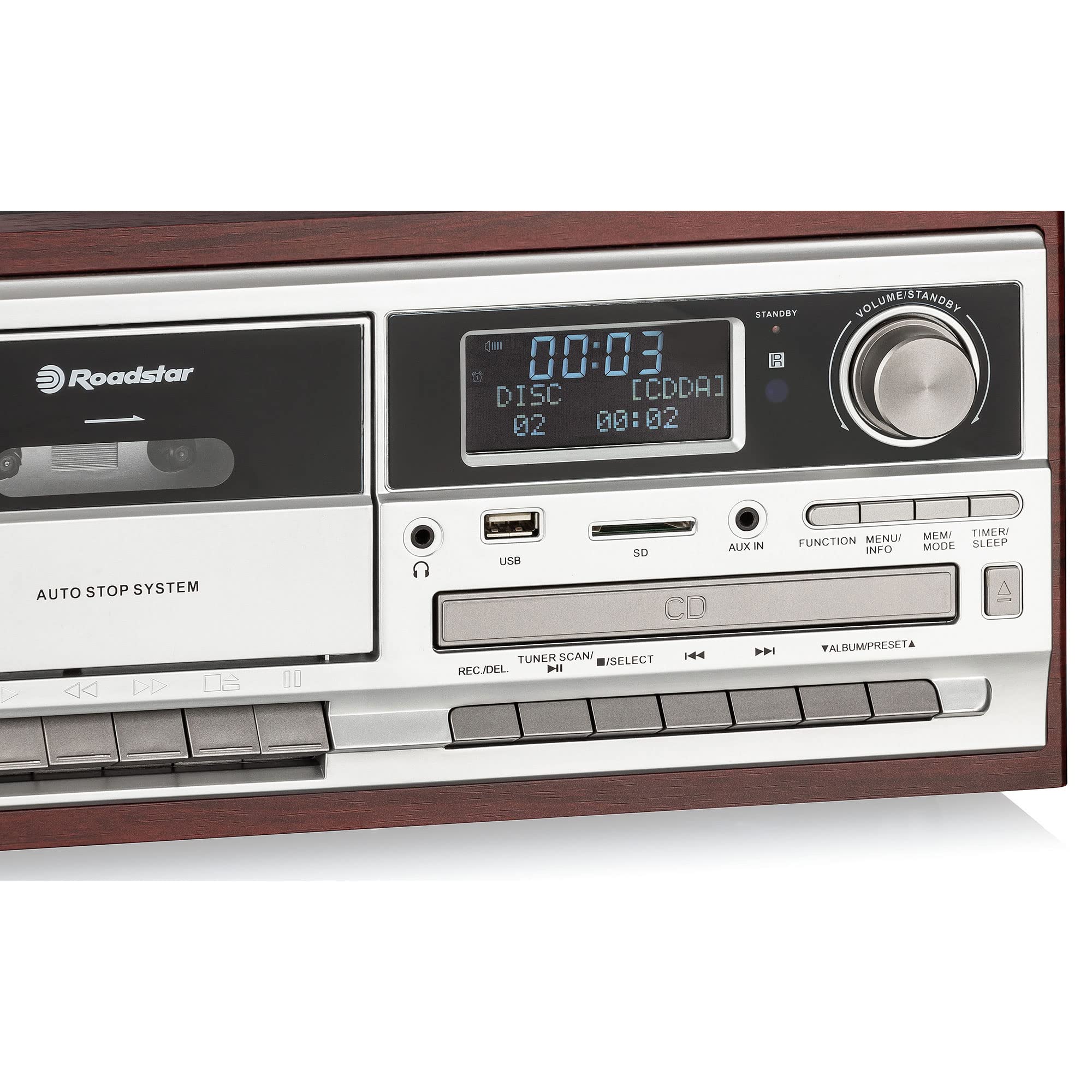 Roadstar HIF-8892D+BT Mini Impianto Stereo Hi-Fi Giradischi 3 Velocità Giri 33/45/78, Radio DAB/DAB+/FM, Lettore CD/CDR/CDRW/CD-MP3, Cassette, Bluetooth, USB/Scheda SD, Telecomando, Legno