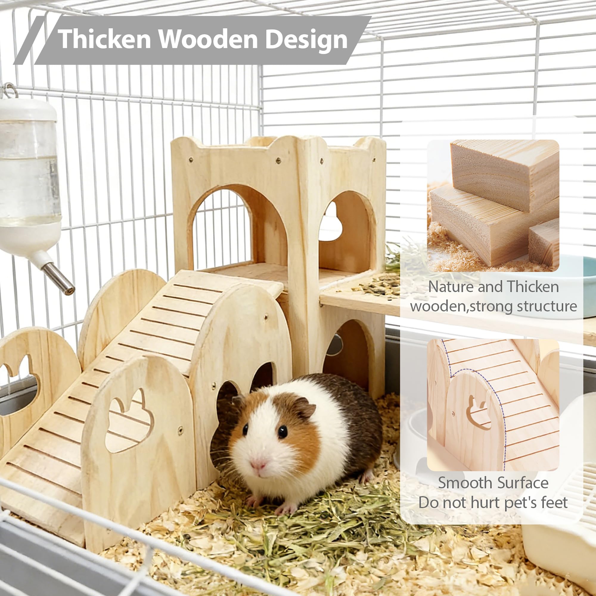 Großes Kaninchenversteck aus dickem hartem Holz, Hasenhaus-Schloss, Kletterturm, abnehmbares Spielhaus, belüftetes Meerschweinchen-Holzversteck für Hamster, Chinchillas, 2 Stück