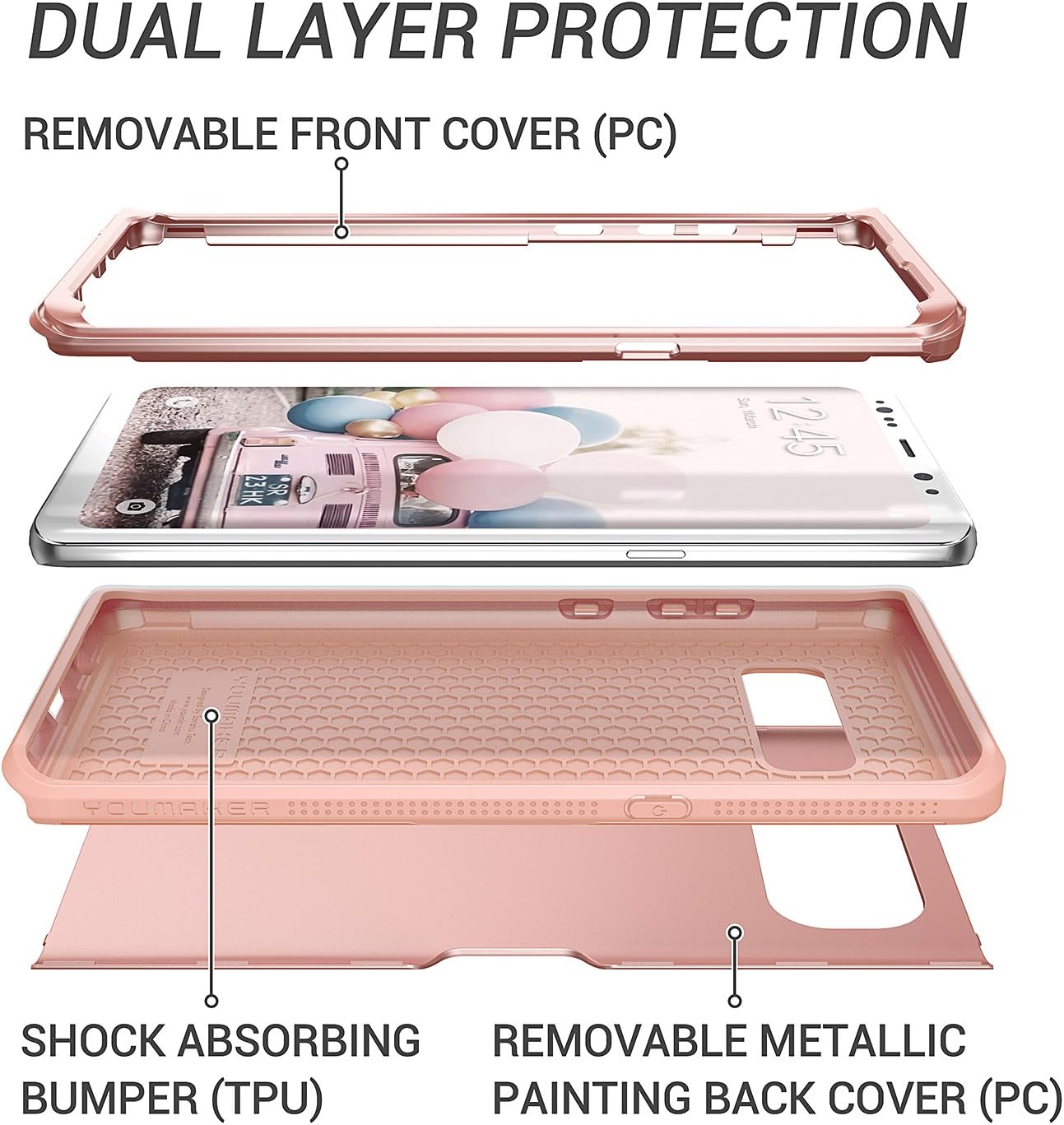 YOUMAKER Galaxy Note 8 Case, Rose Gold Full Body Heavy Duty Protection Shockproof Slim Fit Case Cover for Samsung Galaxy Note 8 (2017 Release) Without Built-in Screen Protector (Rose Gold/Pink)