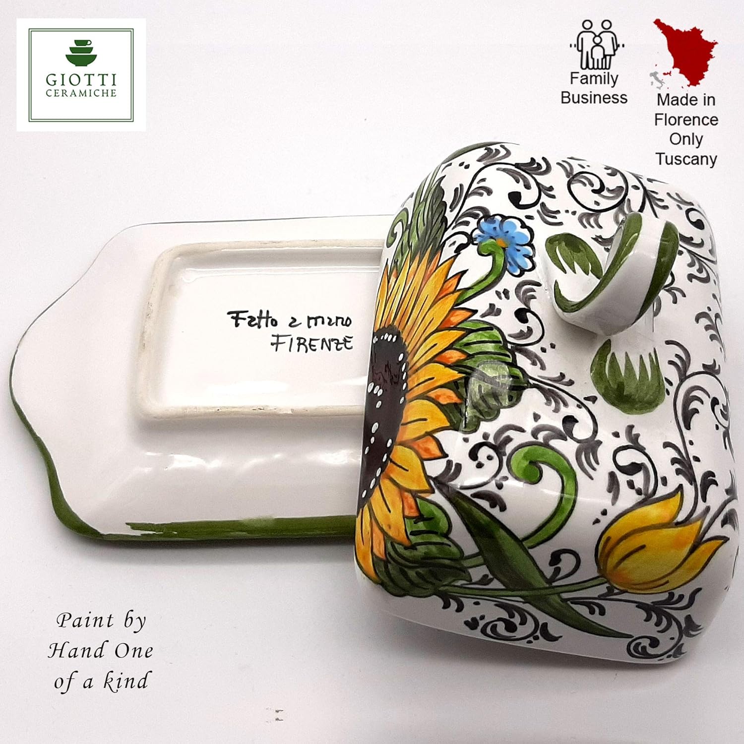 Italian Ceramic Butter dish with lid Sunflower design - 8'x 5' Hand Painted Butter Keeper - Made in ITALY Tuscany - Italian Pottery Butter holder - Home Decor Ceramics butter dishes with covers