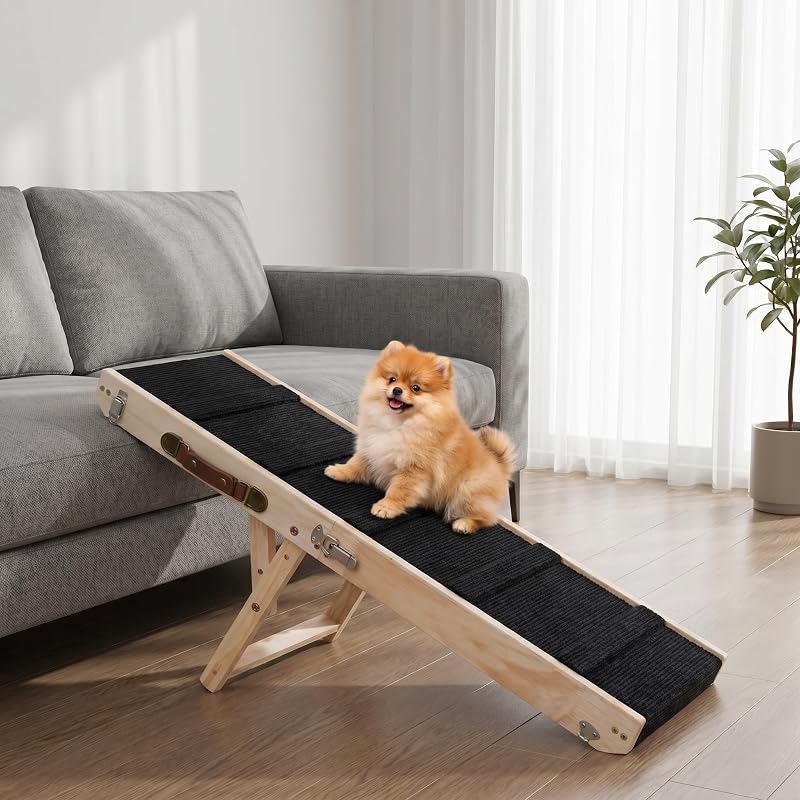 Wooden Dog Ramp for Bed – Folding Pet Ramp for Couch | Collapsible Wooden Pet Ramp, 4 Adjustable Heights, Non-Slip High Traction Fabric Surface, Portable Solid Pine Wood Steps
