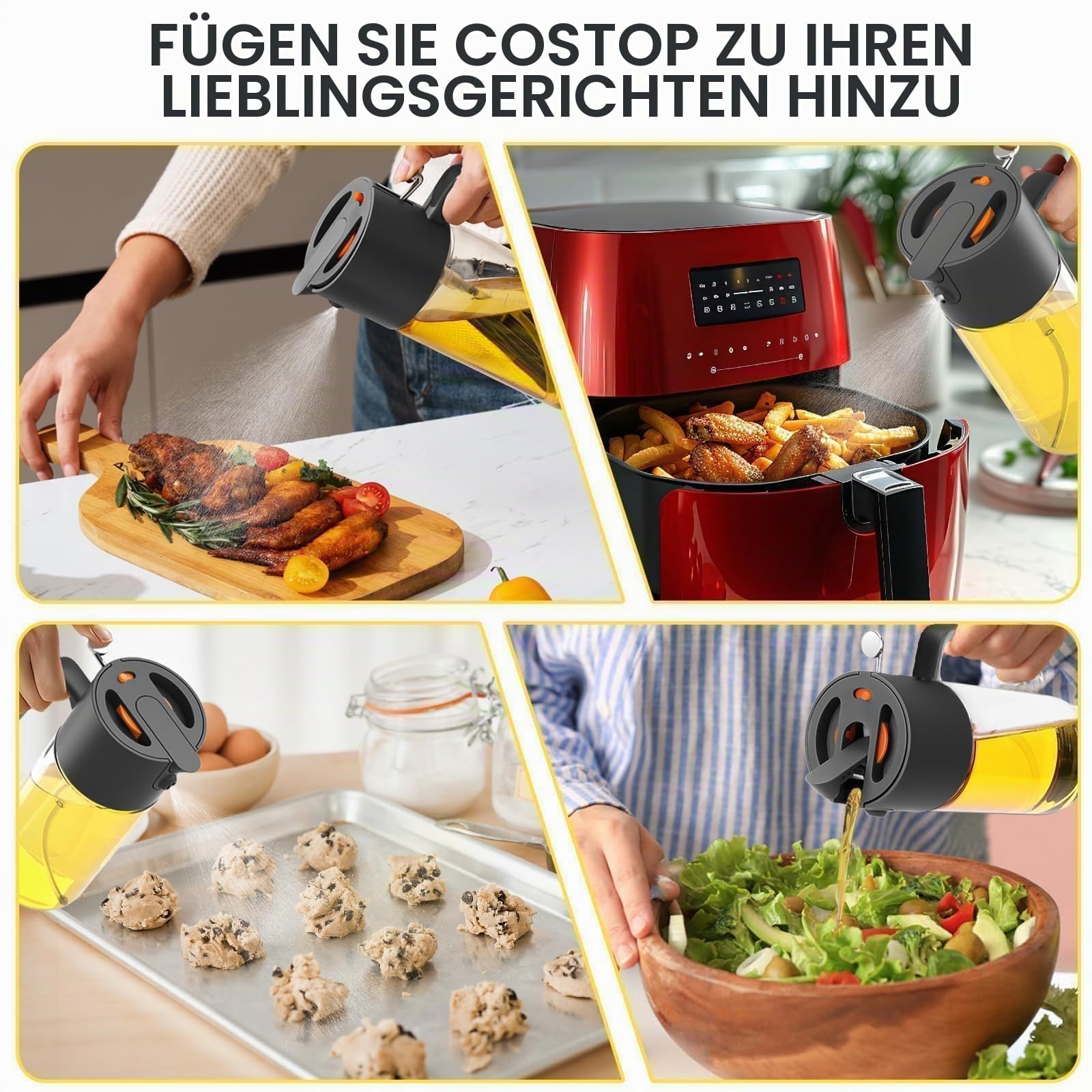 Costop Ölsprüher zum Kochen, 2025 große fortschrittliche Olivenölspenderflasche, 500 ml, Glas, Olivenöl-Sprüher, 2-in-1 gleichmäßiges Sprühen mit Portionskontrolle für Küche, Luftfritteuse, Salat