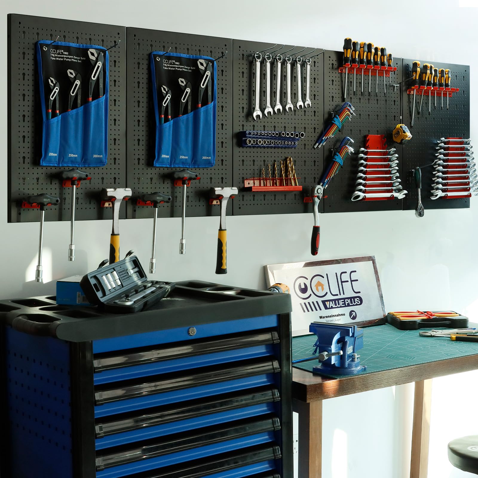CCLIFE Pannello Porta Attrezzi Da Parete Con 43 Supporti Officina Forato Portautensili Stoccaggio 200 x 60 x 2 cm 5 Pezzi Espandibile Mensola da Parete Porta Attrezzi Nero