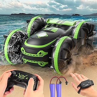 Arulis Amphibious Remote Control Car, 2.4Ghz 4WD Double Sided 360° Rotating RC Stunt Car, Remote Control Boat with Gesture Sensor, Toy Cars Gifts for 3 4 5 6 7 8+ Year Old Boys, Pool Water Beach Toy