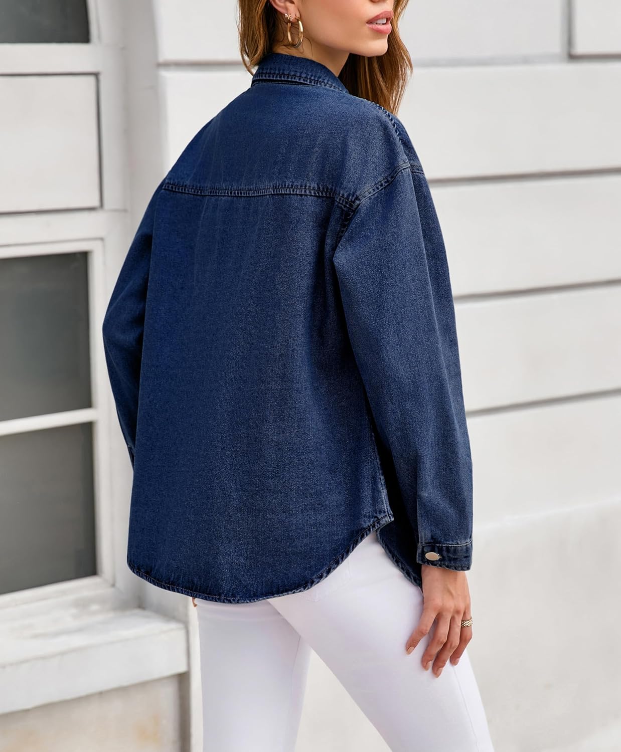 LADYFUL Women's Oversized Denim Shirt Shacket Long Sleeve Button down Casual Jean Jacket Coat - Image 6