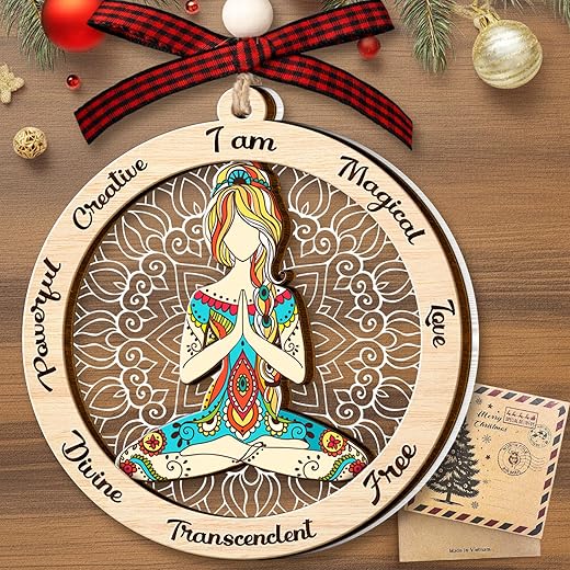 GOSBLUE Yoga Ornaments for Christmas Tree, Yoga Ornament 2 Layer Wood & Acrylic Decoration, Yoga Namaste Keepsake Decor 2023, Gifts for Yoga Lovers, Meditation Gifts