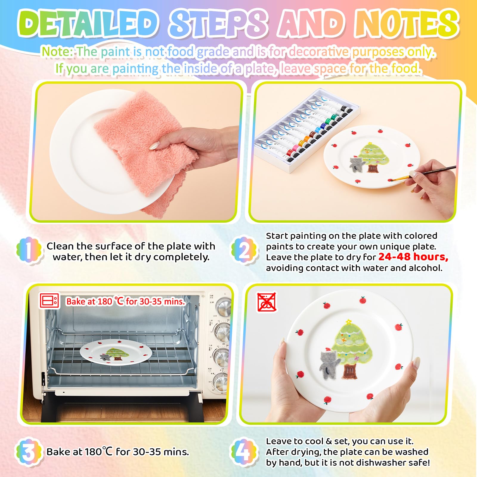 Sinmoe Kit para Pintar Tus Propios Platos de Cerámica Incluye 4 Platos de Porcelana 3 Pinceles 12 Pinturas Acrílicas 1 Caja de Regalo 1 Paleta para Pintar DIY(10 Pulgadas,Eco-chic,4 Piezas)