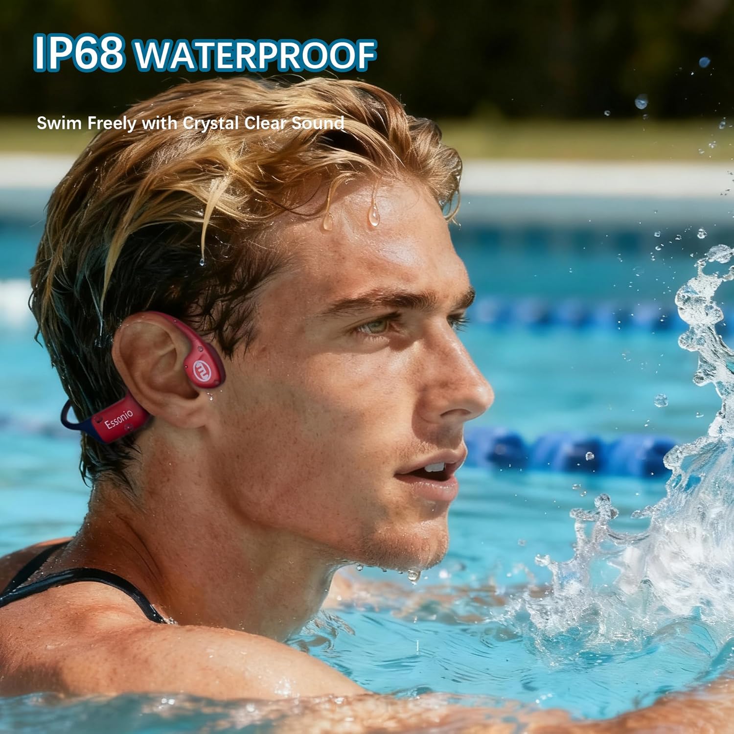 Bone Conduction Headphones IP68 Waterproof Swimming Headphones with Mic Bluetooth Open Ear Earbuds with MP3 Mode 32GB Memory Deep Bass Secure Fit Hearing, Blue