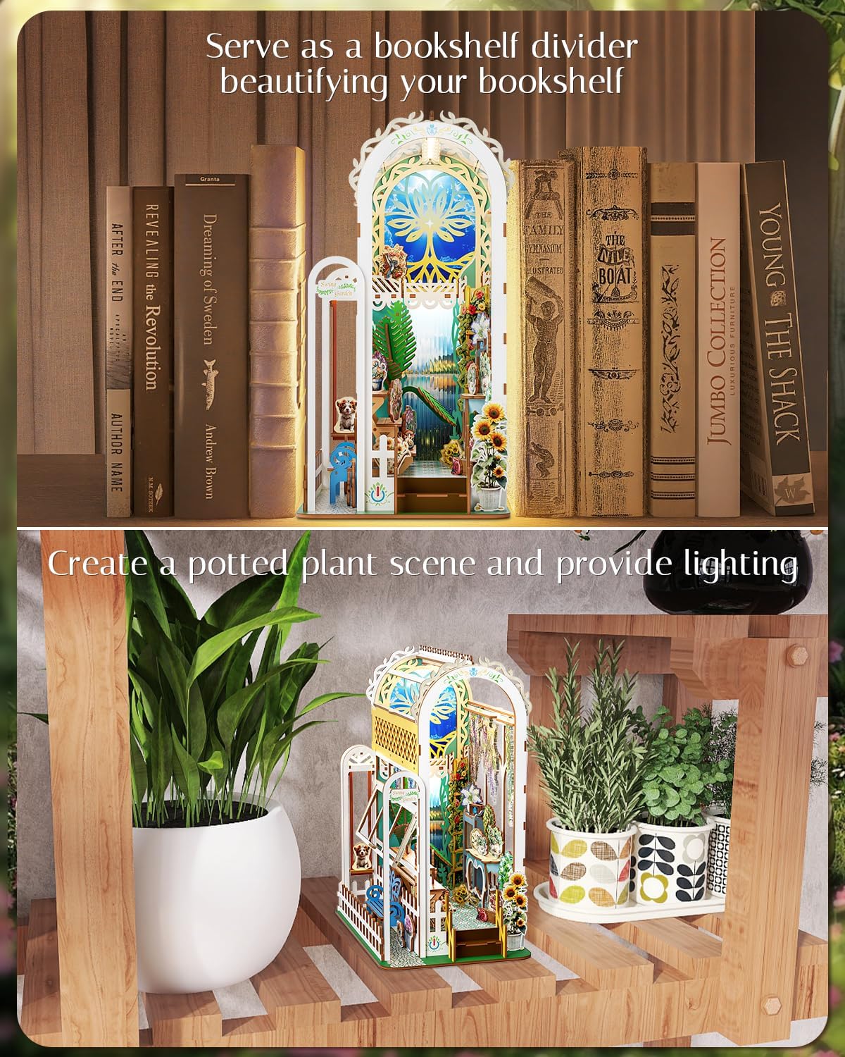 Book Nook Kit, 3D Wooden Puzzles for Adults, DIY Miniature House Kit for Adults, Booknook with LED Light, Gifts for Family, Friends and Book Lovers, Bookshelf Decor(Swing Garden)