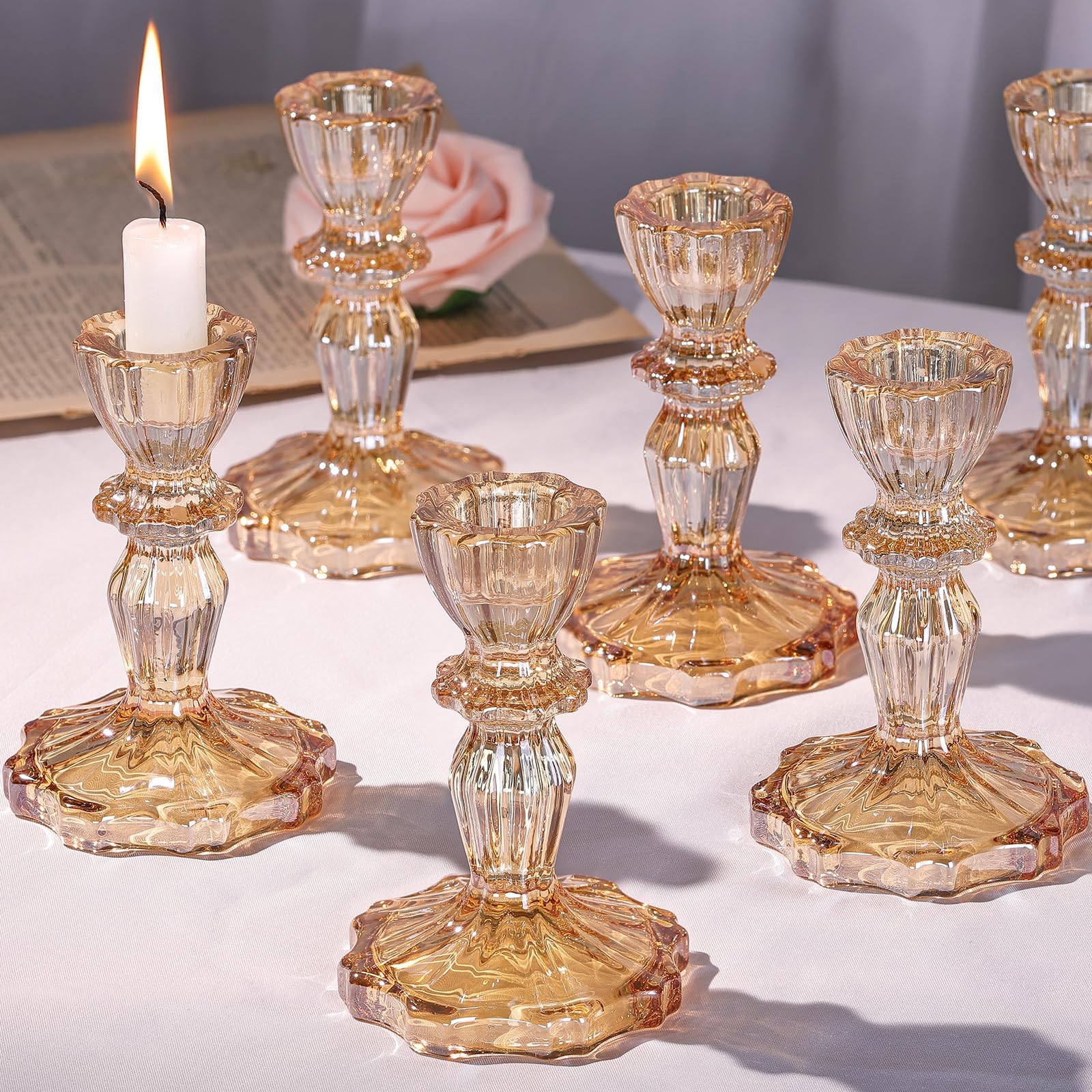 Glass Candlestick Holders Bulk, 6PCS Crystal Taper Candle Holders Set, Gold Tall Candle Stick Holder Stand for DIY, Festival, Party, Table Decor