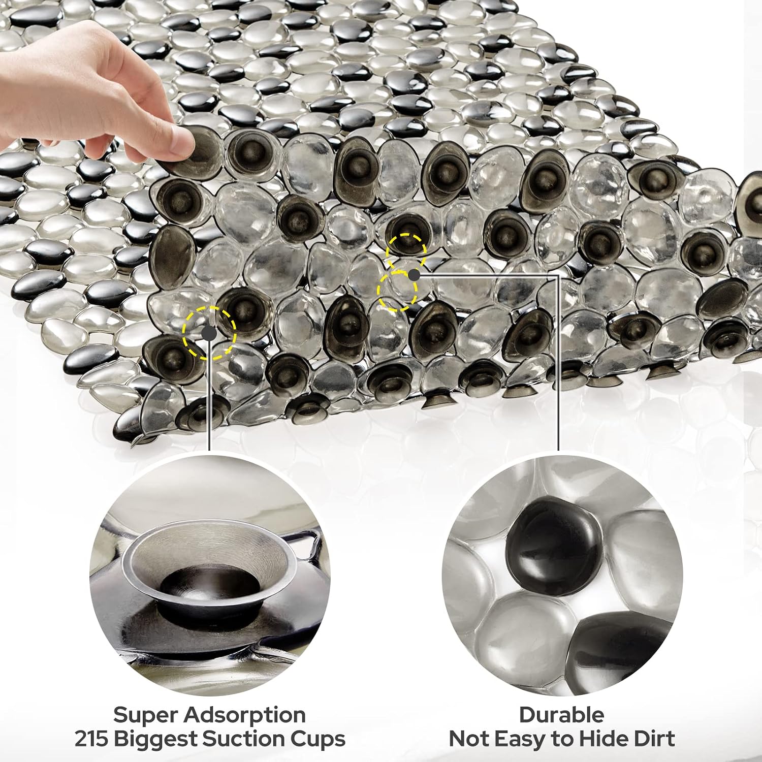 HOMEIDEAS Pebble Shower Mat, Non Slip and Machine Washable Bath Tub Mat,35x16,Extra Large Bathtub Mats with 215 Powerful Suction Cups & Drain Holes to Keep Floor Clean,Bathroom Accessories, Black
