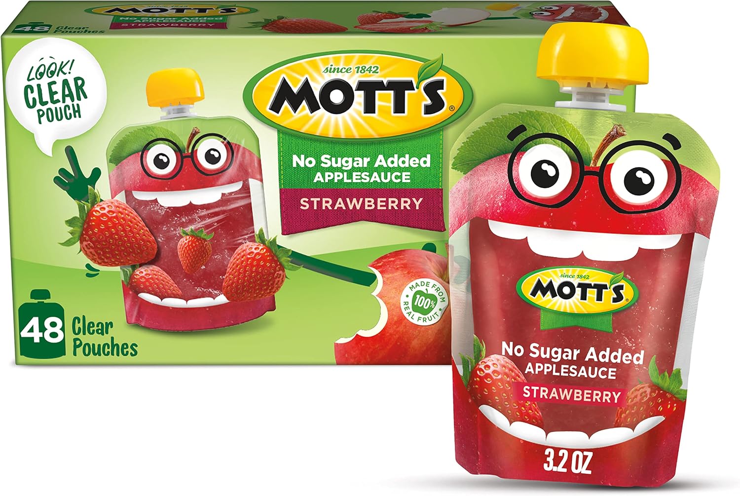 Mott's No Sugar Added Strawberry Applesauce, 3.2 Oz Clear Pouches, 48 Count (4 Packs Of 12), Good Source Of Vitamin C, No Artificial Flavors