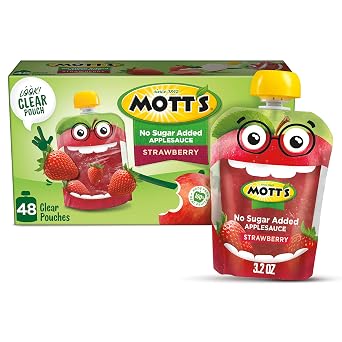 Motts No Sugar Added Strawberry Applesauce, 3.2 Oz Clear Pouches, 48 Count 4 Packs Of 12, Good Source Of Vitamin C, No Artificial Flavors