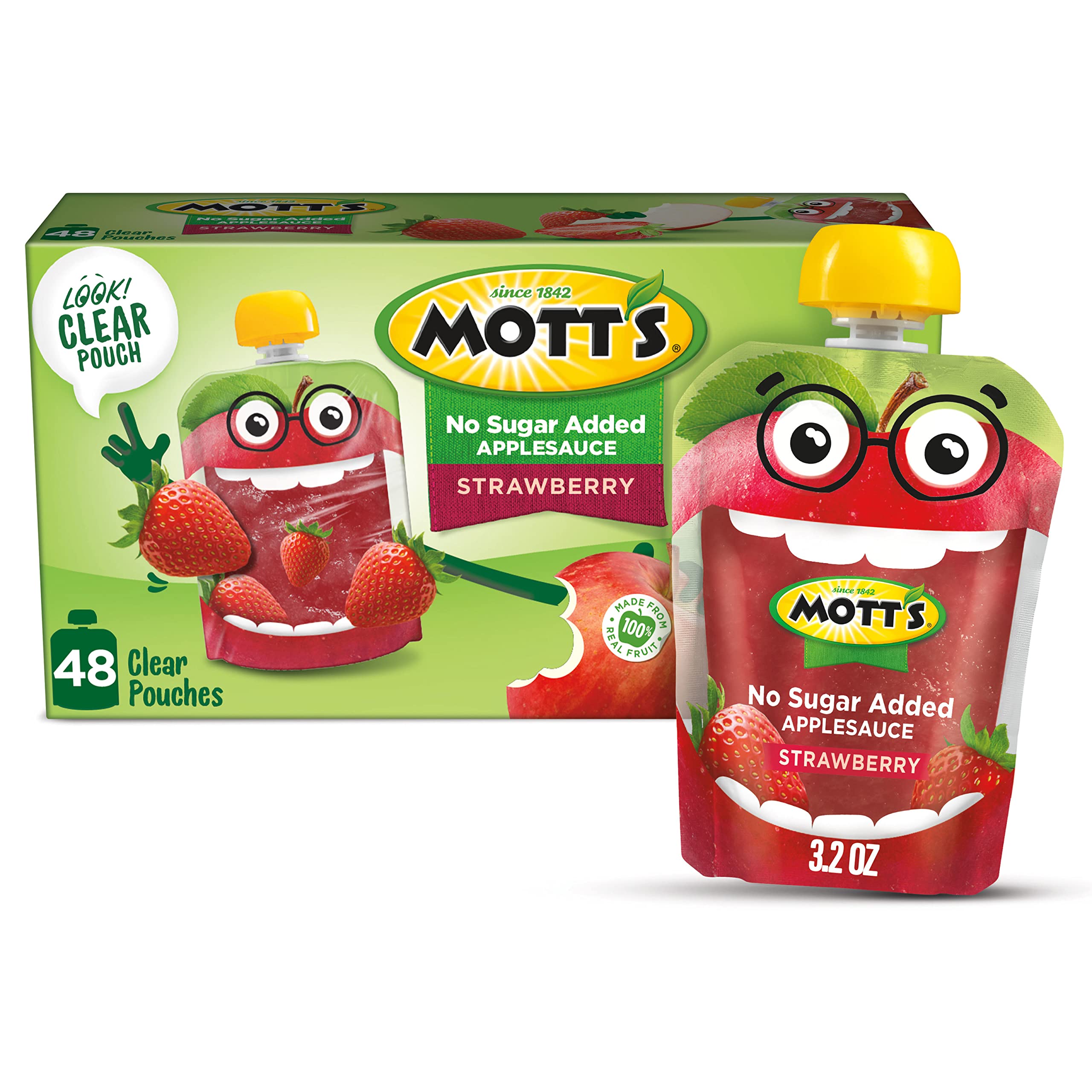Mott's No Sugar Added Strawberry Applesauce, 3.2 Oz Clear Pouches, 48 Count (4 Packs Of 12), Good Source Of Vitamin C, No Artificial Flavors