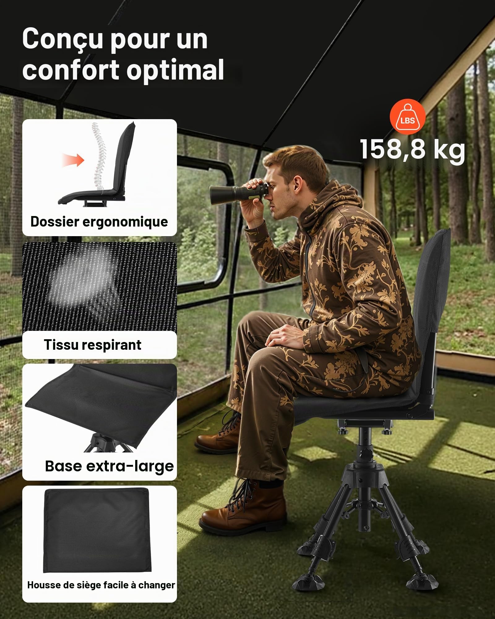 VEVOR Chaise de Chasse Silencieuse Pivotante à 360°, Siège de Chasse Pliable et Portable, Cadre en Acier Robuste, avec Housse, Pieds Anti-enfoncement, Hauteur Réglable, pour Pêche et Camping