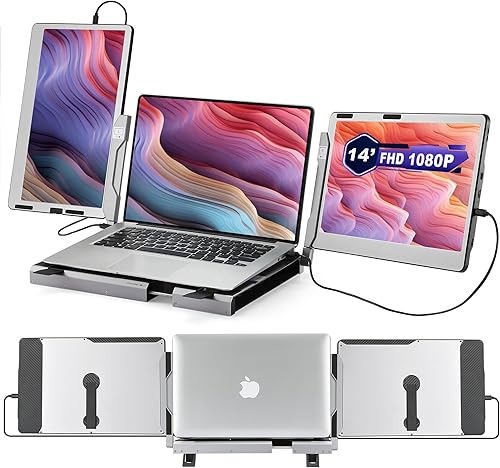 JoyReal Monitor triple para laptop, extensor de pantalla portátil 1080P de 14 pulgadas, estación de trabajo giratoria de 360 grados con múltiples