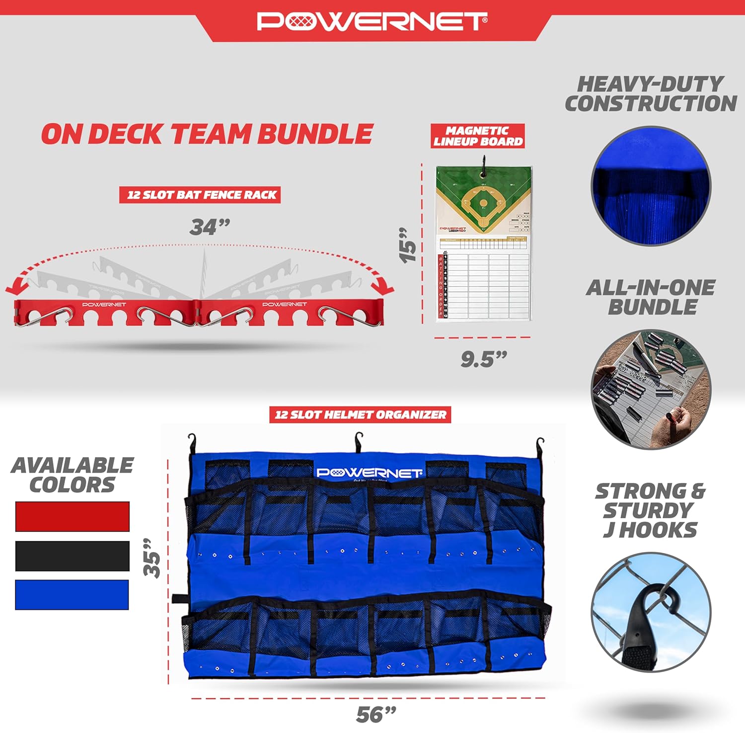 PowerNet On Deck Team Bundle, Team Colors Dugout Organizer for Baseball & Softball, Team Equipment Organizer, Hanging Baseball Glove & Helmet Holder, Fence Bat Rack, Dry Erase Magnetic Lineup Board