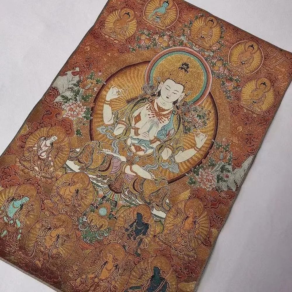 EPASHA Arte murale Buddista, Thang-ga, Pittura in Broccato Ricamato Thangka da 60 cm Guanyin Bodhisattva a Quattro Bracci, Decorazione Domestica squisita