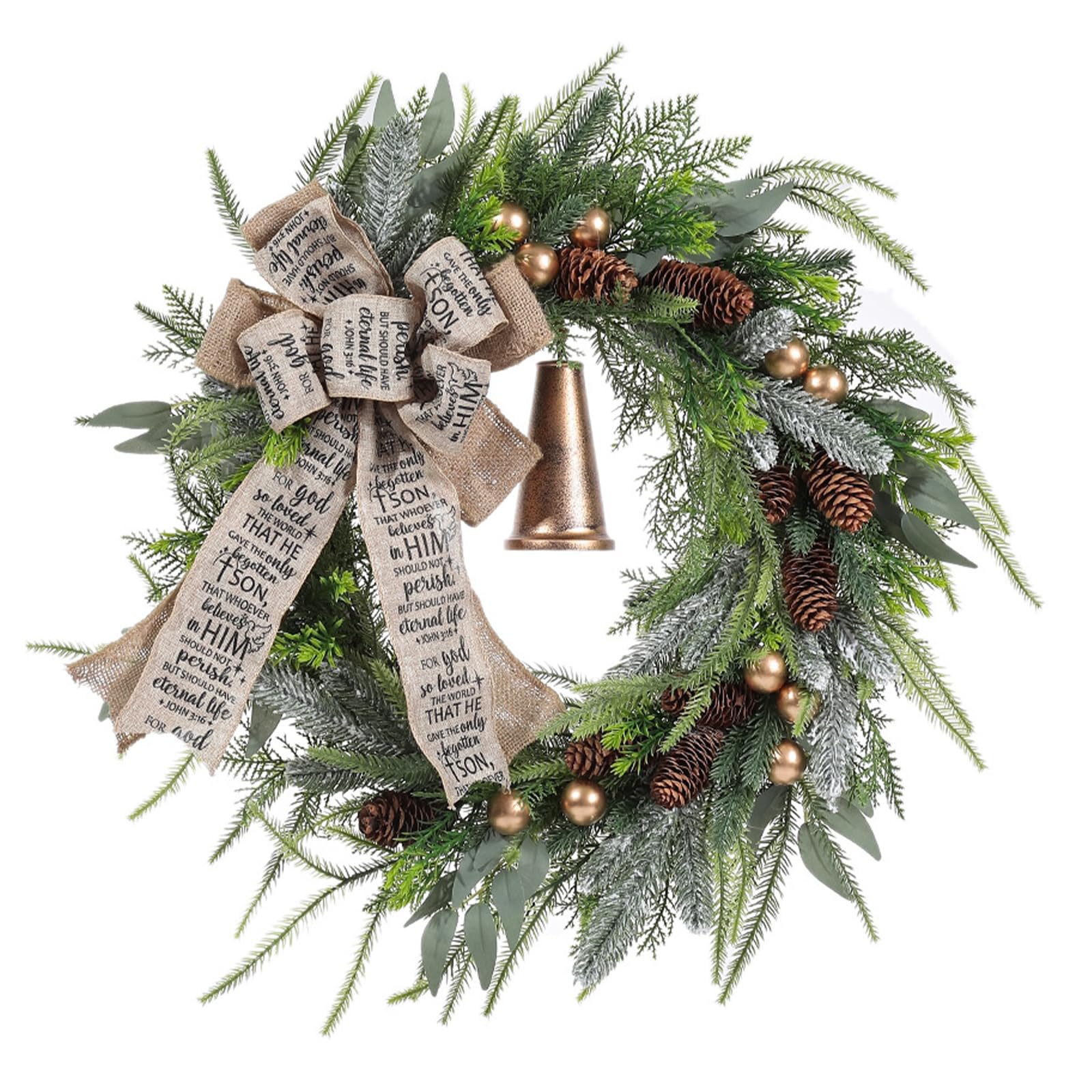 Corona para puerta de Navidad, 45 cm, decoración navideña para puerta de casa con campanas, corona de Navidad artificial, decoración para interior y exterior