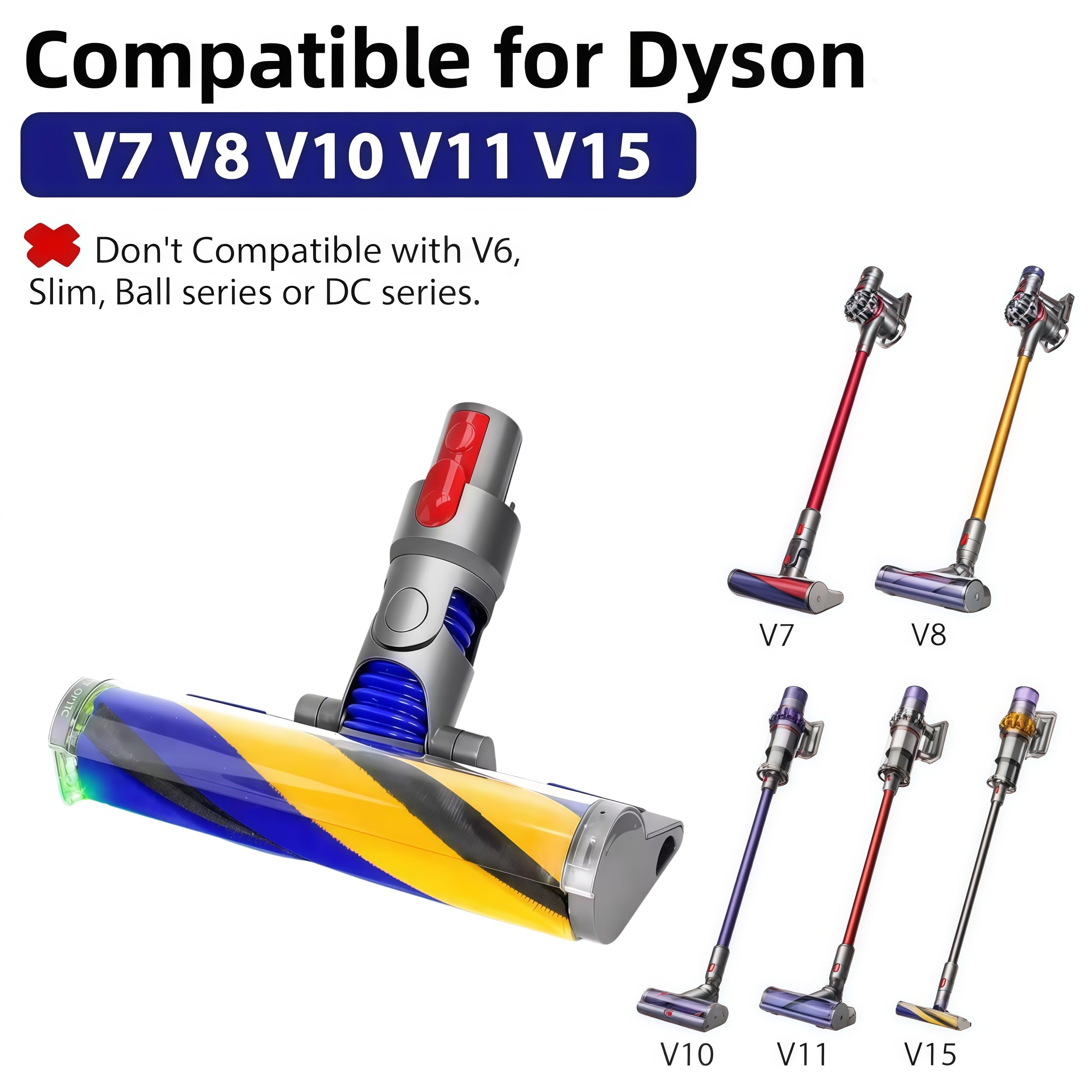 Cabezal de cepillo óptico ligero y suave de repuesto para aspiradoras inalámbricas Dy-son V7, V8 V10 Absolute, V11 V15, cabezal de rodillo suave con luz LED verde de repuesto para suelo duro