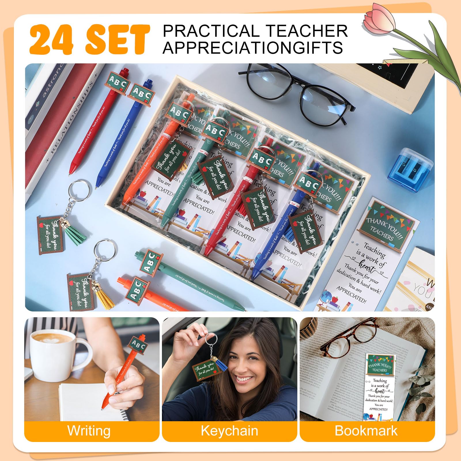 Kosiz 24 Sets Lehrer-Wertschätzungsgeschenke für Lehrer für Damen und Herren, inklusive einziehbarem Kugelschreiber, Dankeschön-Schlüsselanhänger, inspirierende Grußkarte mit Krawatten