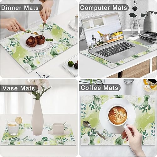 Miniatura 3 de AOFOTO Juego de 4 manteles individuales con estampado artístico de hojas verdes y flores blancas, manteles individuales rectangulares modernos para