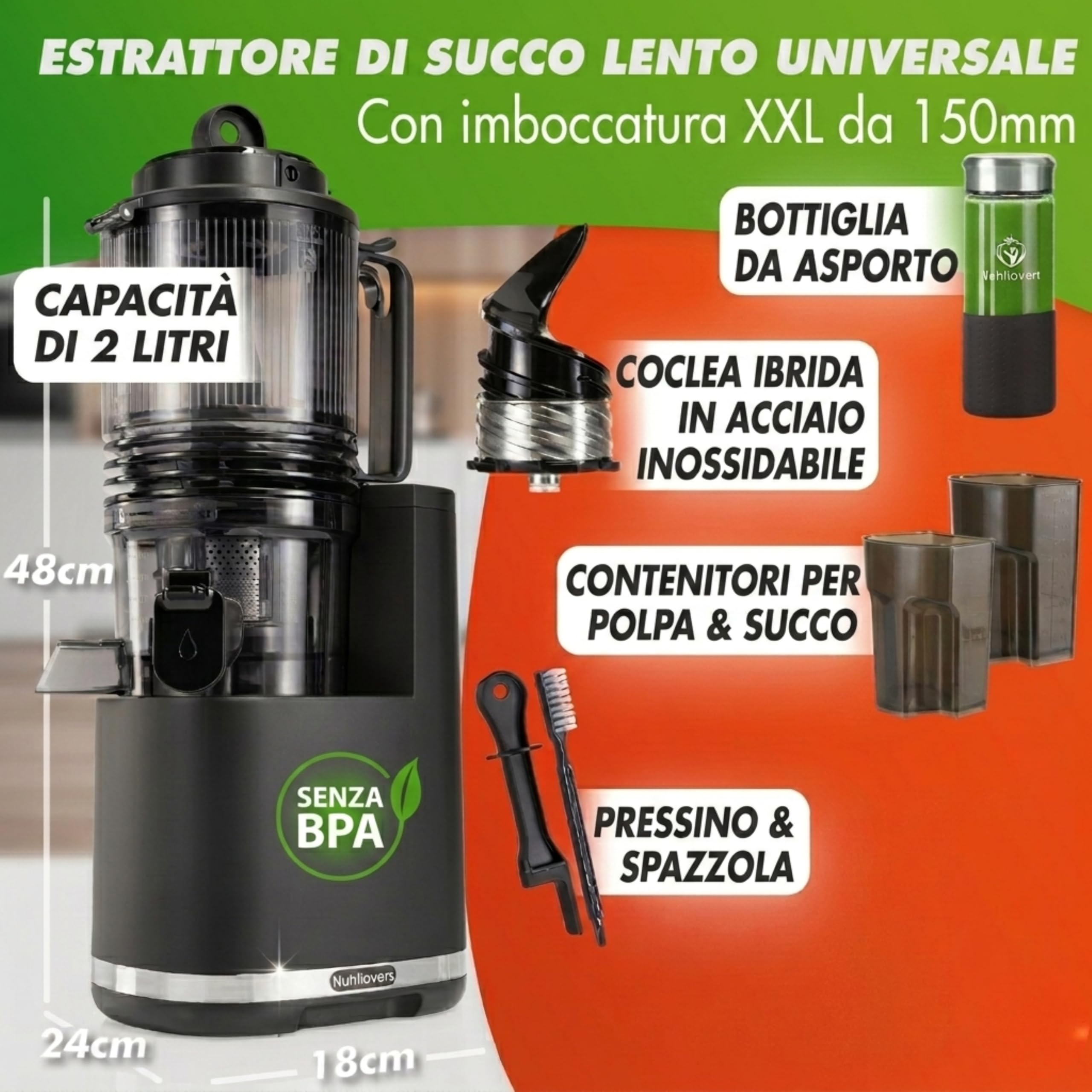 Nutrilovers Slow Juicer, NUTRI-PRESS MAX+, spremiagrumi per frutta intera, con apertura XXL da 150 mm, senza BPA, con bottiglia di succo, libro di ricette Slow Juice