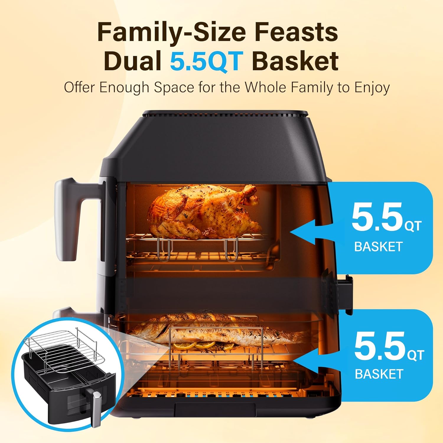 11QT Air Fryer Dual Large Basket Design (Deep Top & Long Bottom) for Whole Chicken & Ribs,430°F High-Heat Broil, 360° Rapid Circulation, 6 in 1 Preset Function, Family Meals, PFAS Free Nonstick