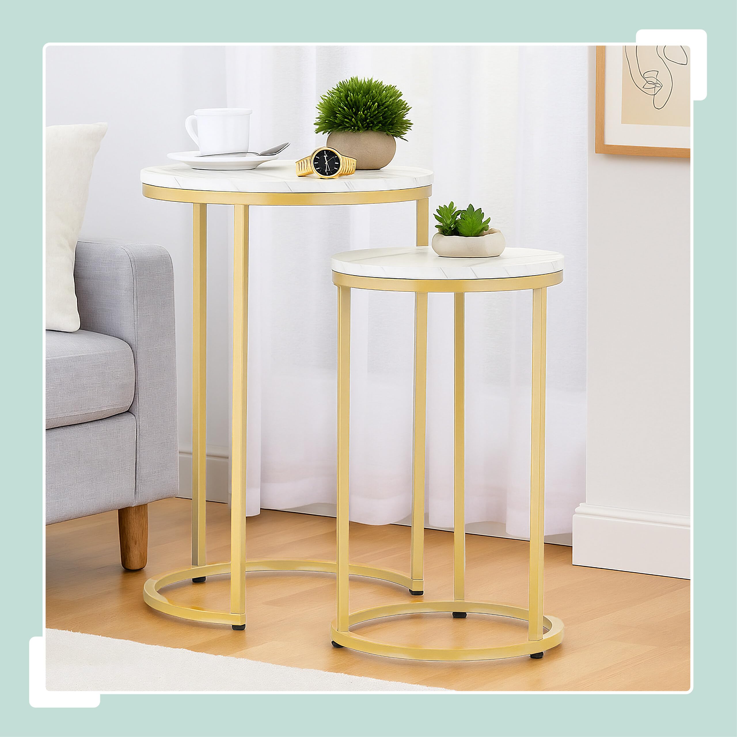 Relaxdays Table d'appoint en Lot de 2 (Dimensions différentes), mélange de matériaux, pour Le Salon, Blanc et doré