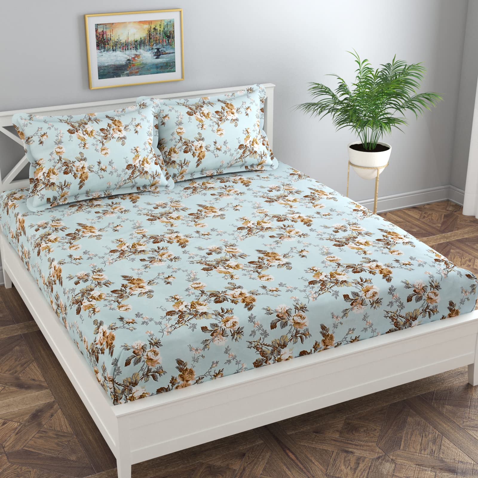 Florida Reeva Cotton King Size Bedsheet with 2 Pillow Covers | Floral Print Double Bed Sheet Set (Bedsheet: 275x228 cm, Pillow Covers: 46x69 cm)