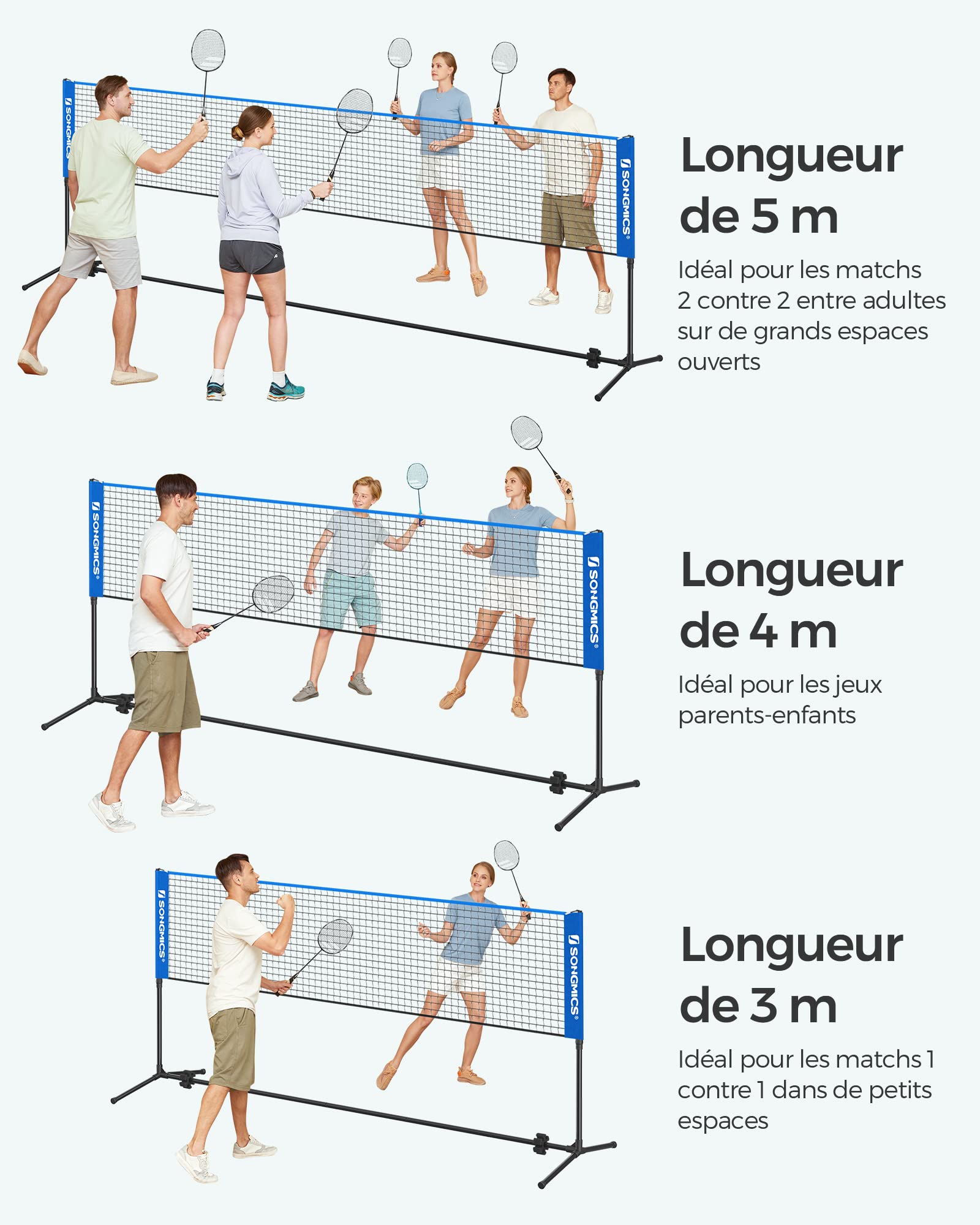 SONGMICS Filet de Badminton de 3 m, Filet de Volley-Ball, Hauteur réglable, Ensemble Portable pour Le Tennis
