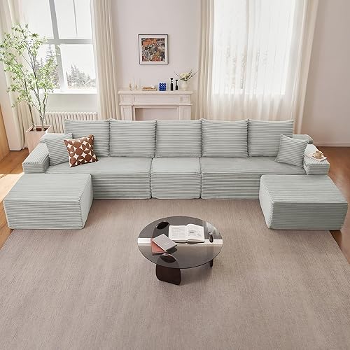 168" Modular Sectional Sofa with 2 Ottomans, Modern Corduroy Cloud Couch with Deep Seat, Boneless Couch Upholstered 5-Seater U-Shaped Sofa for Living Room, No Assembly Required (Grey,2 Ottomans)