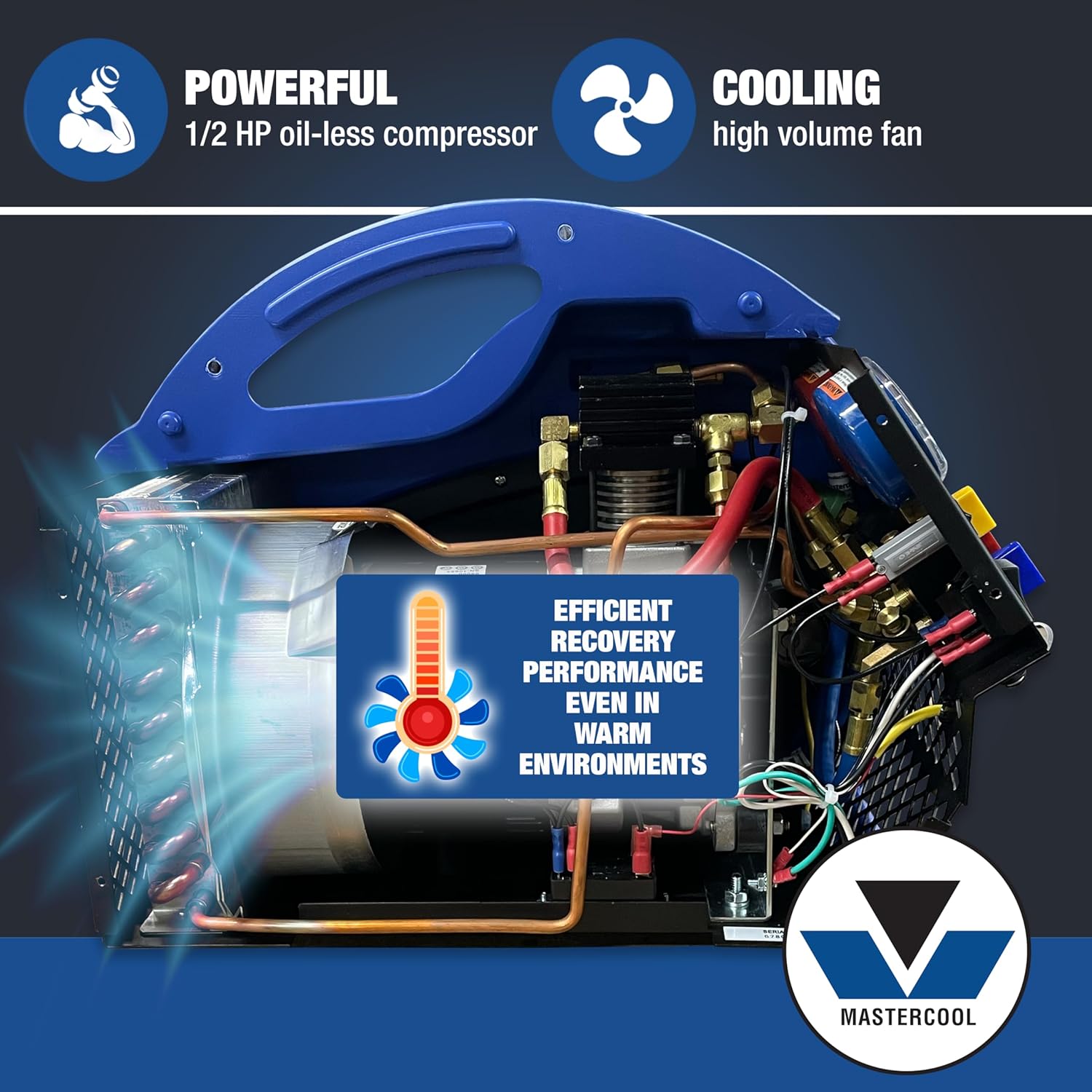 Mastercool 69110 Automotive A/C Recovery System – SAE J2810 Certified, 30 lb DOT Tank, 1/2 HP Oil-Less Compressor, Automatic Shut-Off, Compatible with R134a, R12, R22, R410A