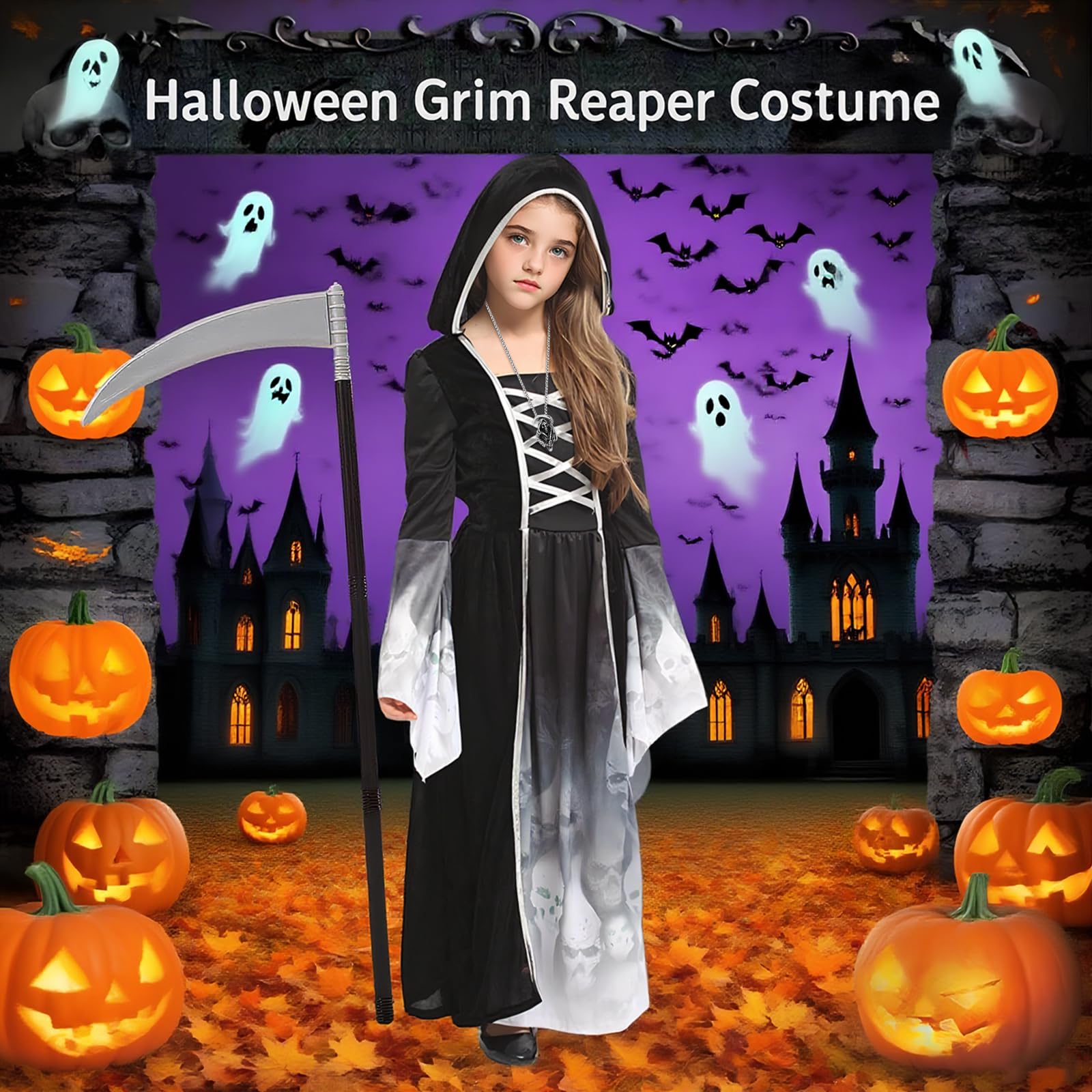 NebulaGlam Grim Reaper Costume Kids Girls, Halloween Reaper Costume Kids, Halloween Outfits for Girls Outfit Fancy Dress (M) - Image 4