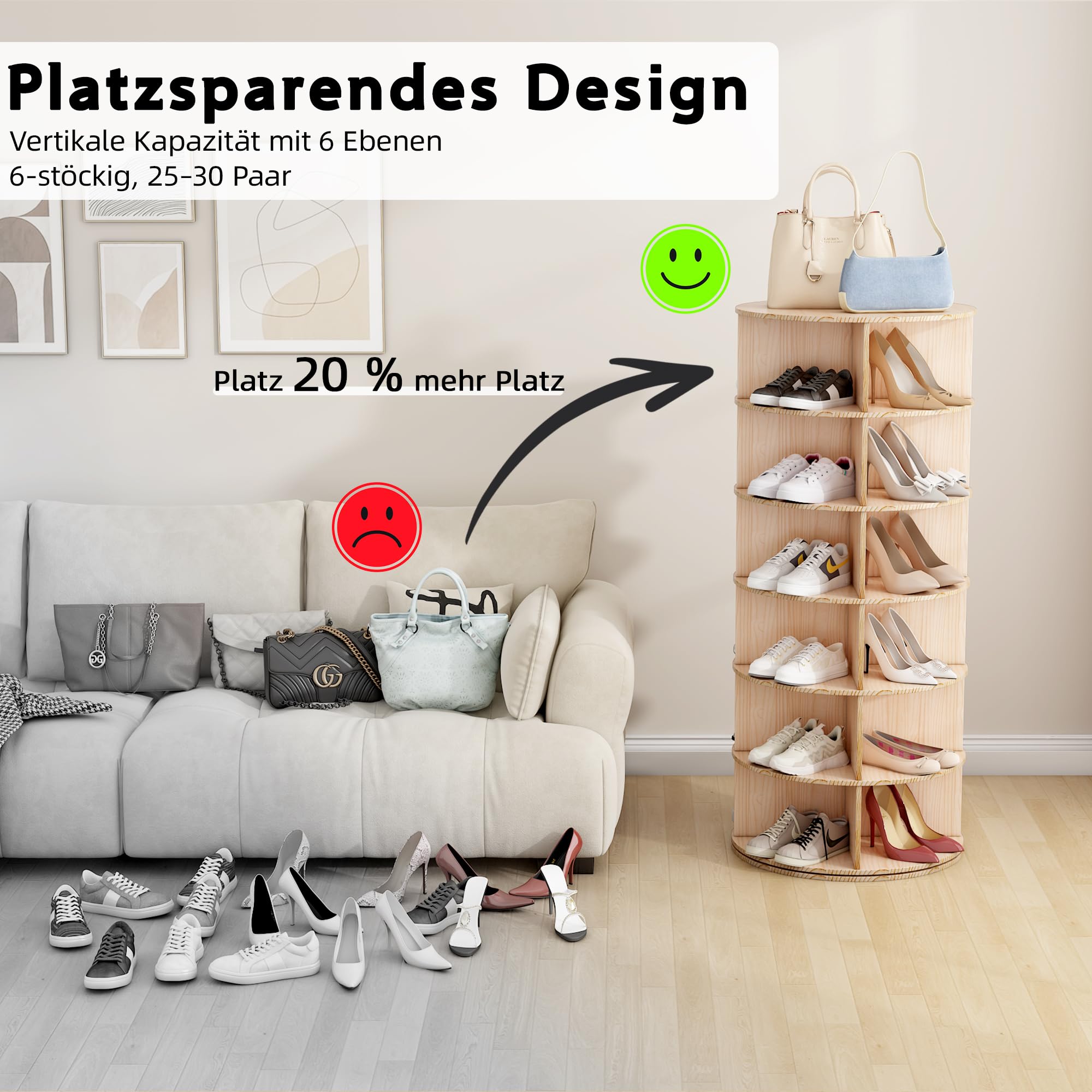 Zapatero Giratorio de 6 Niveles, Schuhregal aus Massivholz, 24 Pares de Zapatos, 113 cm Estantería Multiusos para Entrada, Vestíbulo, Sala de Estar, Dormitorio