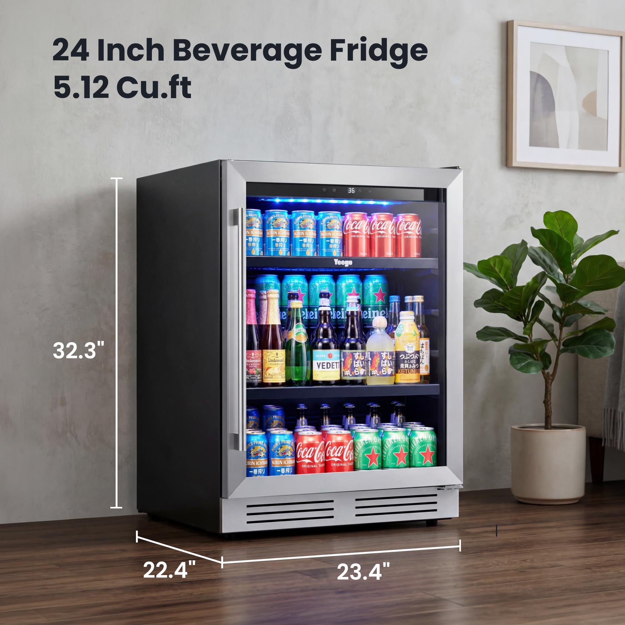 YEEGO Beverage Refrigerator & Drink Fridge - 24 Inch 180 Cans Beer Cooler Glass Door, 34-54℉ Under Counter Refrigerator Built-In For Drink Soda Wine For Bar Office Bedroom on Fridge.com - View 2