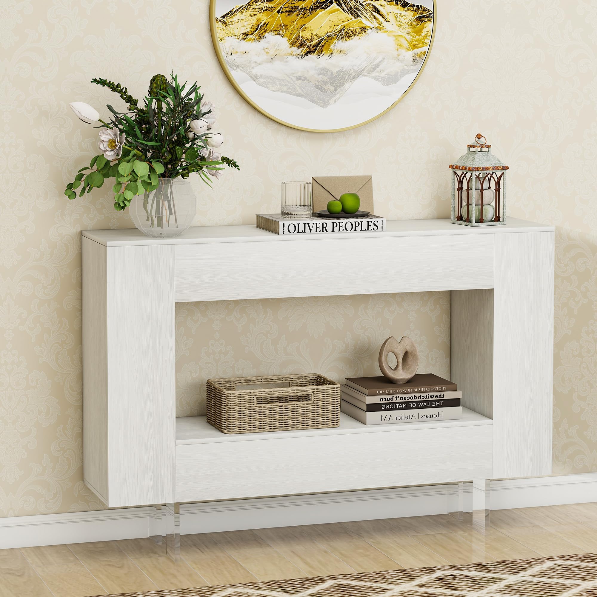 Narrow Console Table with Hidden Side Storage Cabinets, Adjustable Shelves, Modern Entryway Sofa Table for Behind The Couch, Living Room, Hallway, White