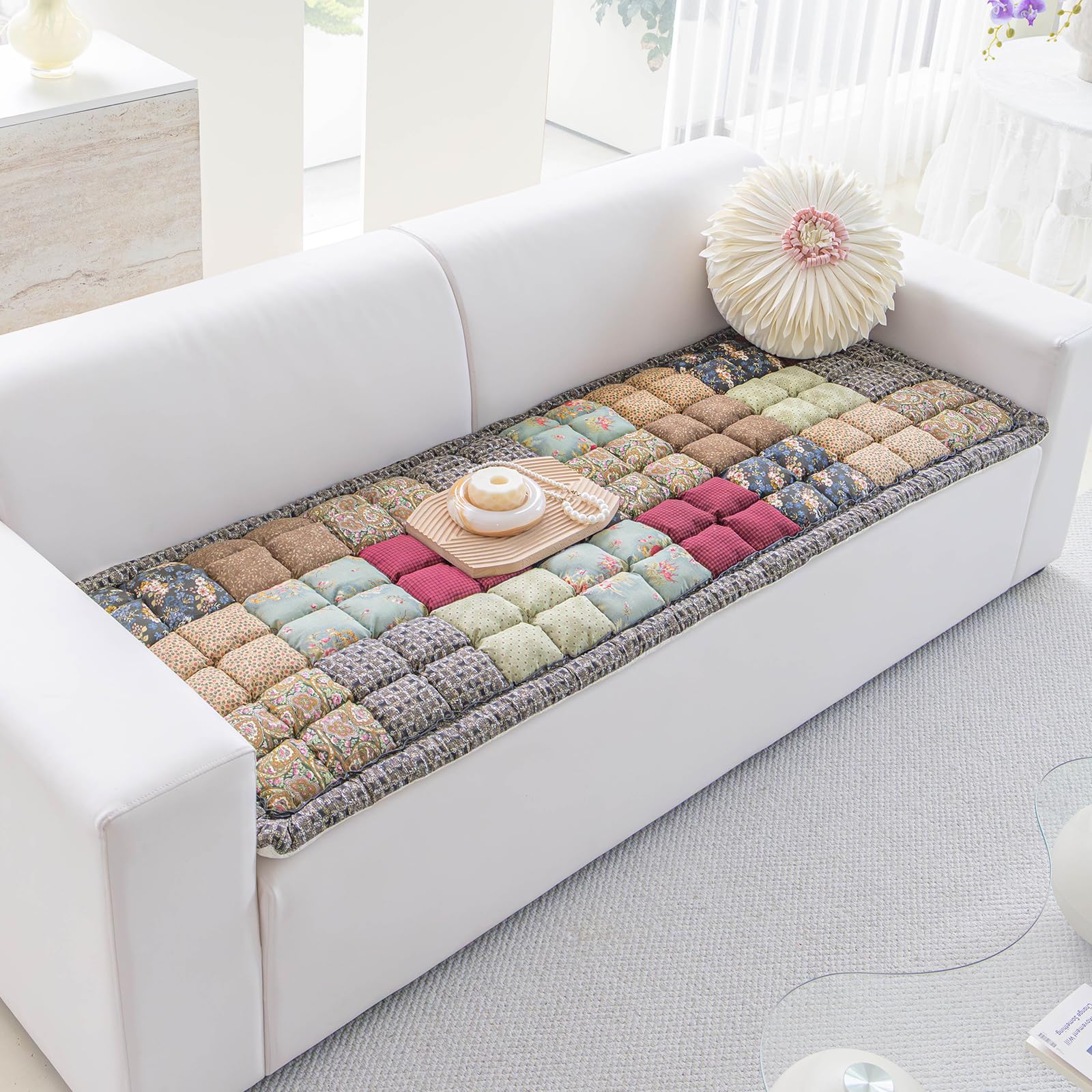 AEEISHOMEREFORM Quilted Cotton Patchwork Sofa Cover, Non-Slip Thickened Couch Protector for 3 Seater Settee, Floral Shabby Chic Furniture Protector for Pets & Kids (Vintage Gray Patchwork, 70x180cm)