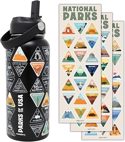 Original National Parks of the USA Bucket List - Botella de agua de viaje con calcomanías impermeables y pajita, serigrafía negra de 32 onzas, acero