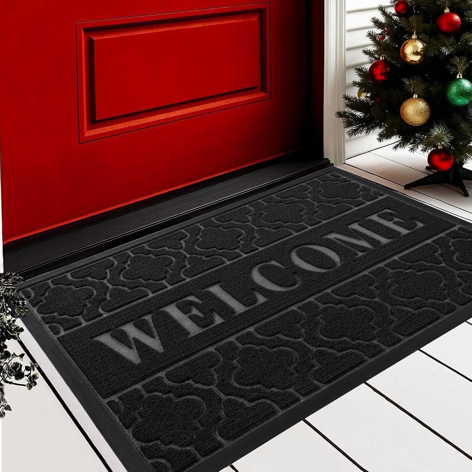 yimobra welcome mat outdoor indoor 29.5x17, all-weather waterproof front door mat outside entrance, non-slip low profile porch patio doormat, black 29.5x17 inch black