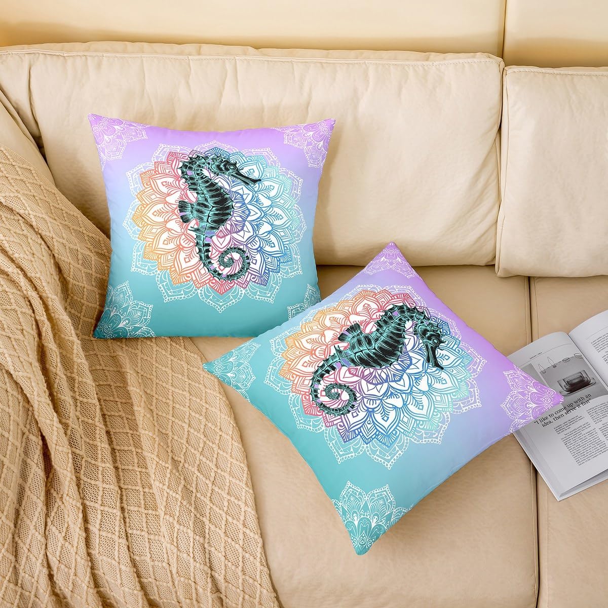 Erosebridal Seahorse Set of 2 Throw Pillow Covers 24x24 Inch Boho Flower Pillow Covers Colorful Mandala Ocean Animal Cushion Covers Summer Exotic Ombre Geometric Decorative Pillow Covers Blue Purple