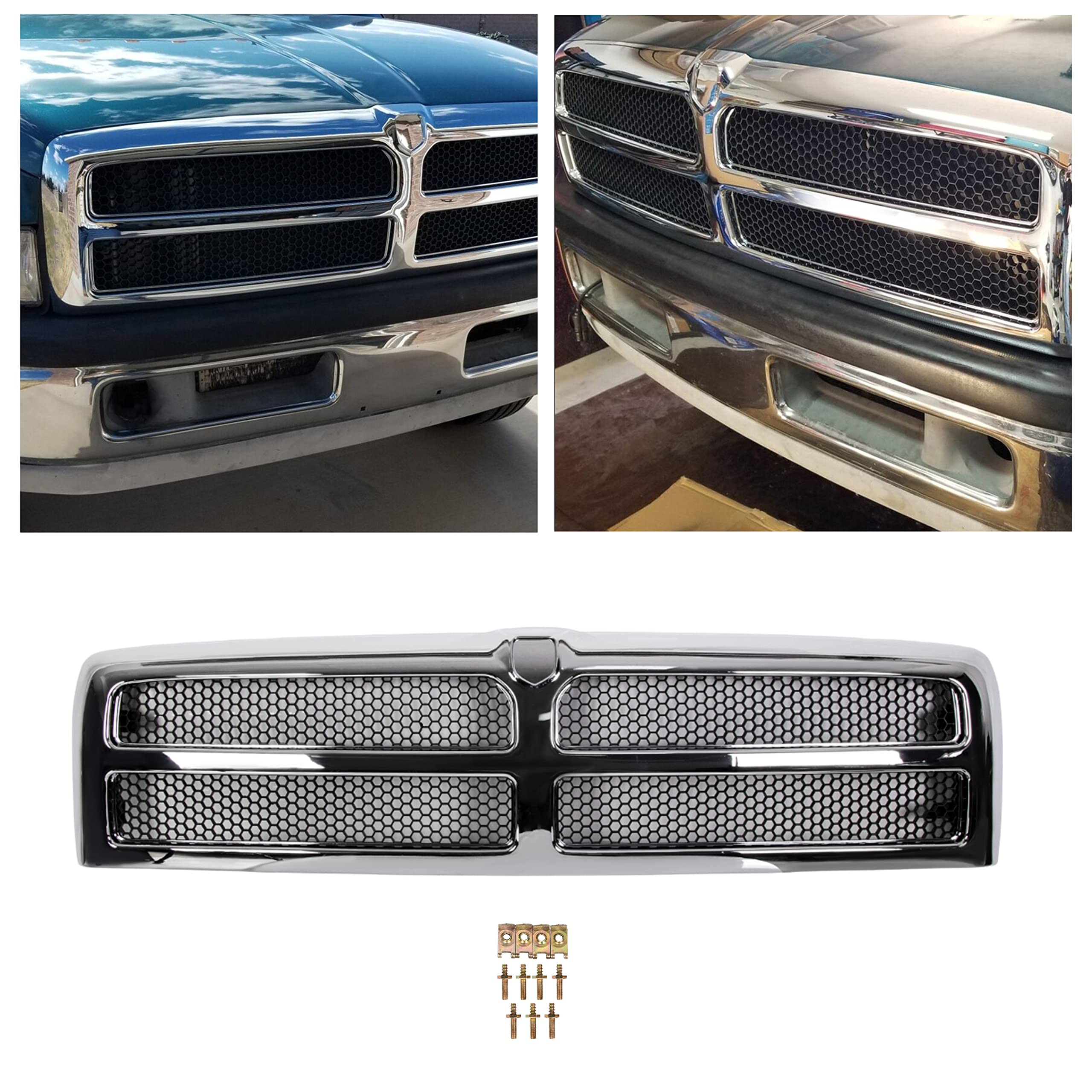 Photo 1 of ECOTRIC Front Grille Compatible with 1994-2002 Dodge Ram 1500 2500 3500 Chrome w/Honeycomb Upper Grille Replacement for CH1200178 55055252
